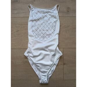 Chanel 23C White Silver Crystal CC Logo One Piece Swimsuit Runway Bathingsuit 34